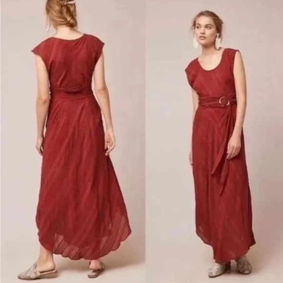 Anthropologie Moulinette Soeurs Orange Rust Red Cap Sleeve Maxi Dress Sz 12 Belt - Picture 1 of 15